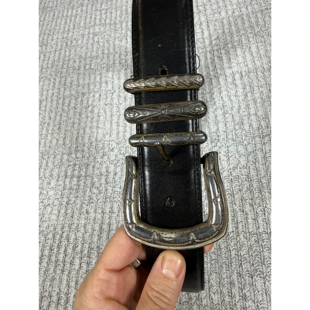 Nordstrom Western Belt Womens 28 Black Leather Silver Engraved Hardware